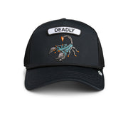 Black trucker cap with scorpion design and 'DEADLY' text on a white background