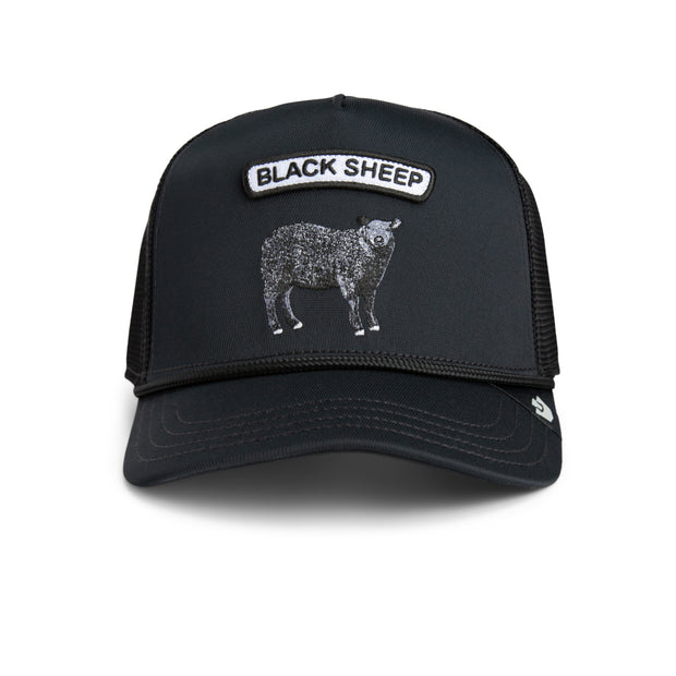 Black cap with 'Black Sheep' logo and embroidered sheep illustration on a white background