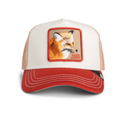 Tricolour trucker hat with a fox patch and 'Good Looks' text on a white background