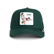 Green trucker cap with a duck patch and 'LUCKY' text on a white background