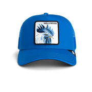 Blue cap with a rooster patch and 'Hollywood' text on a white background