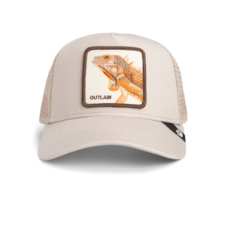 Beige cap with lizard patch and 'Outlaw' text on a white background