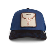 Blue trucker cap with a longhorn skull patch on a white background