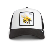 White and black trucker hat with a bee graphic and 'BUSY' text on a white background
