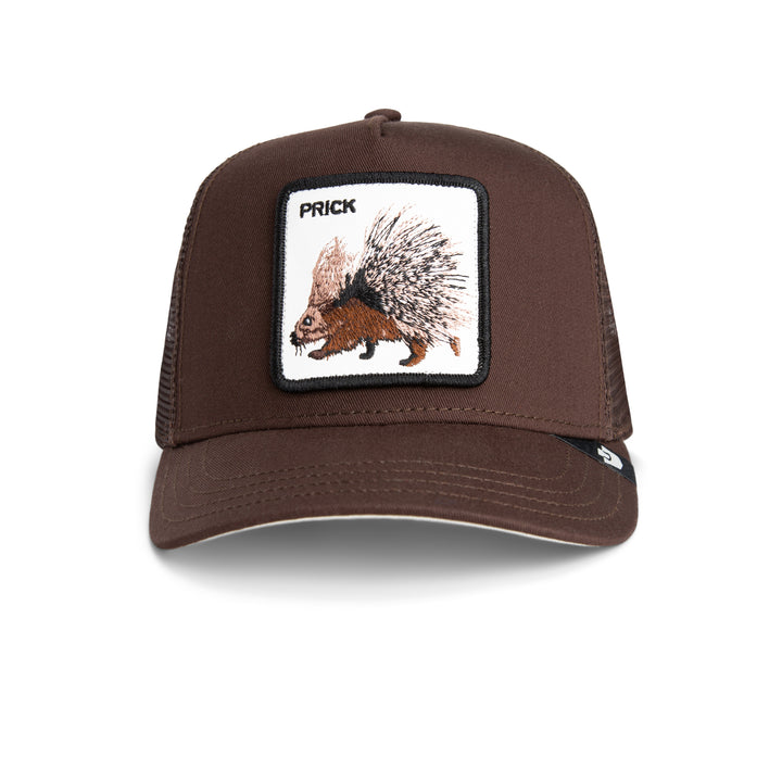 Brown cap with a porcupine patch and 'PRICK' branding on a white background