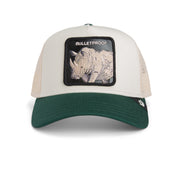 Trucker hat with rhino patch and 'Bulletproof' text on a white background