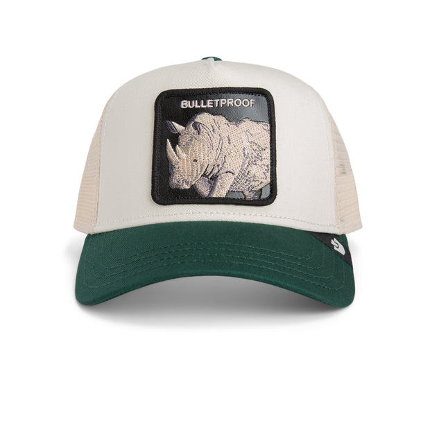 Trucker hat with rhino patch and 'Bulletproof' text on a white background