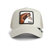 Beige trucker hat with horse patch on a white background