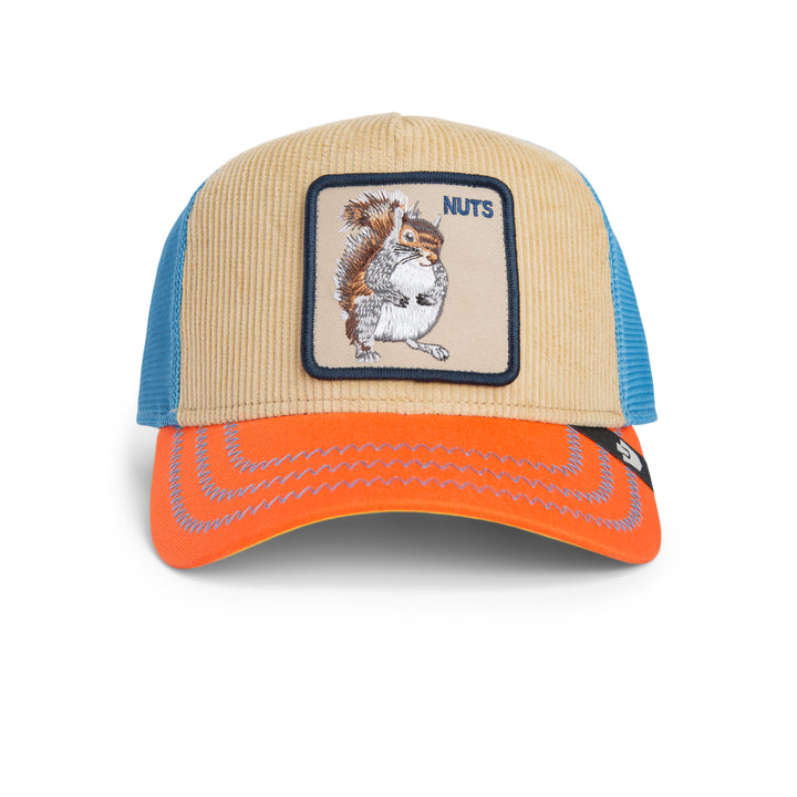 Beige and blue cap with a squirrel patch and 'NUTS' text on a white background