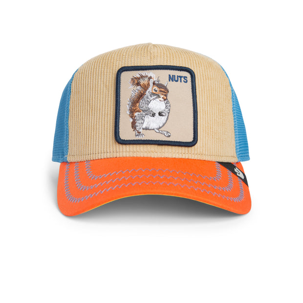 Beige and blue cap with a squirrel patch and 'NUTS' text on a white background