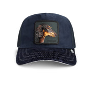 Navy blue cap from Goorin Bros with a sausage dog patch