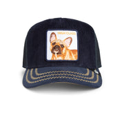 Navy blue trucker hat with a dog patch and 'High Class' text on a white background