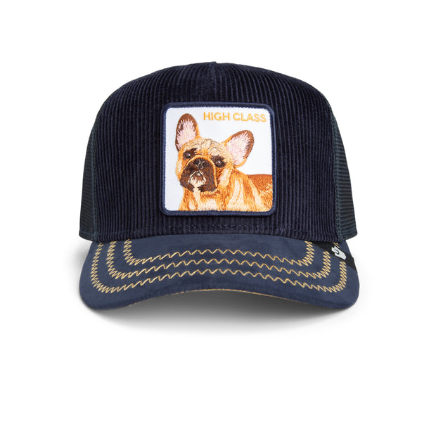 Navy blue trucker hat with a dog patch and 'High Class' text on a white background