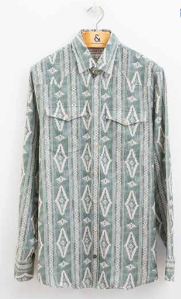 Green patterned shirt on a hanger with a blurred background