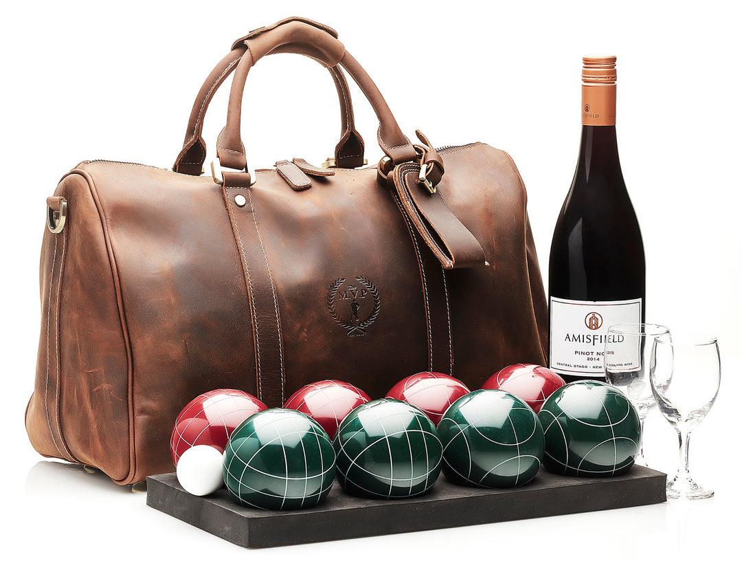 VOSS STORE AVALON MENSWEAR STORE MODEST VINTAGE PLAYER HERITAGE LEATHER BOCCE SET RESIN